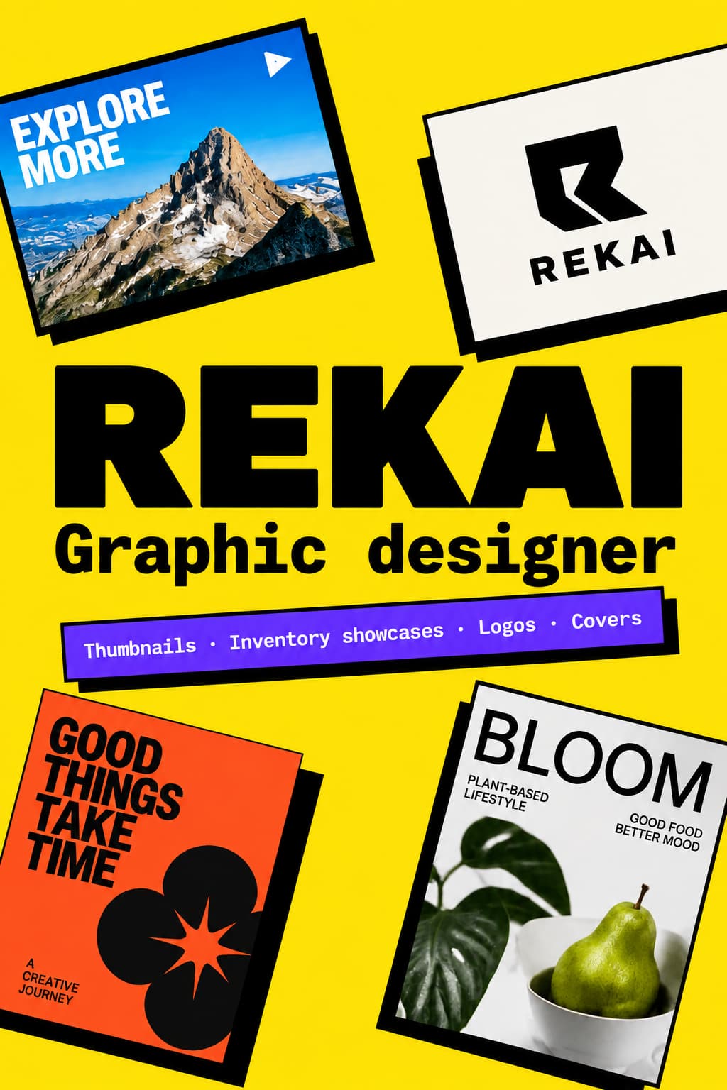 Rekai, graphic designer: a collage of a thumbnail, a poster, a logo and a magazine cover.